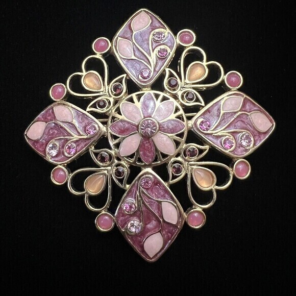 Vintage Purple Enamel and Rhinestone Square Brooch 1.5" x 1.5" - Picture 1 of 10